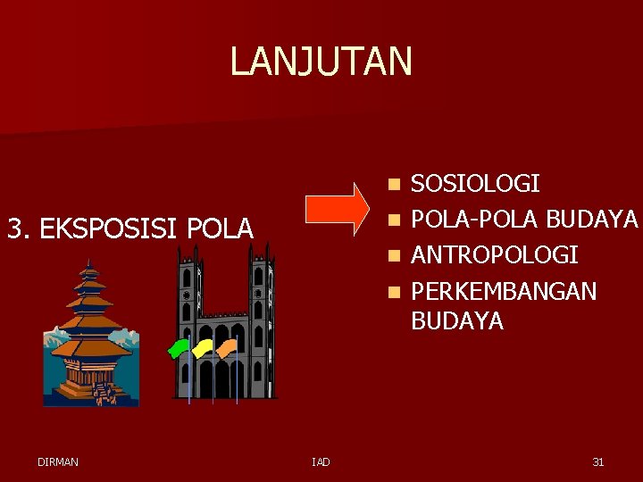 LANJUTAN n n 3. EKSPOSISI POLA n n DIRMAN IAD SOSIOLOGI POLA-POLA BUDAYA ANTROPOLOGI