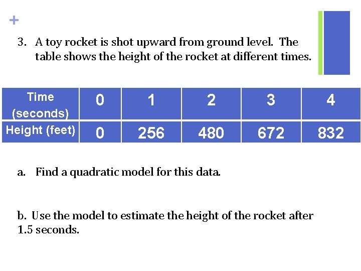 + 3. A toy rocket is shot upward from ground level. The table shows + 3. A toy rocket is shot upward from ground level. The table shows
