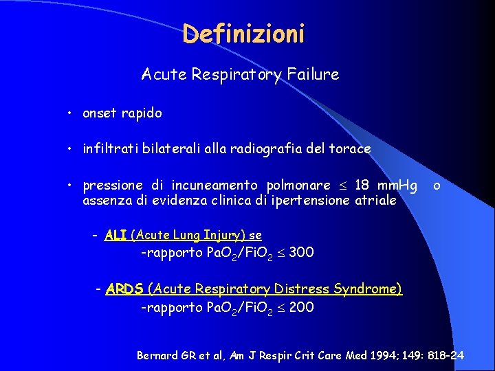 Definizioni Acute Respiratory Failure • onset rapido • infiltrati bilaterali alla radiografia del torace