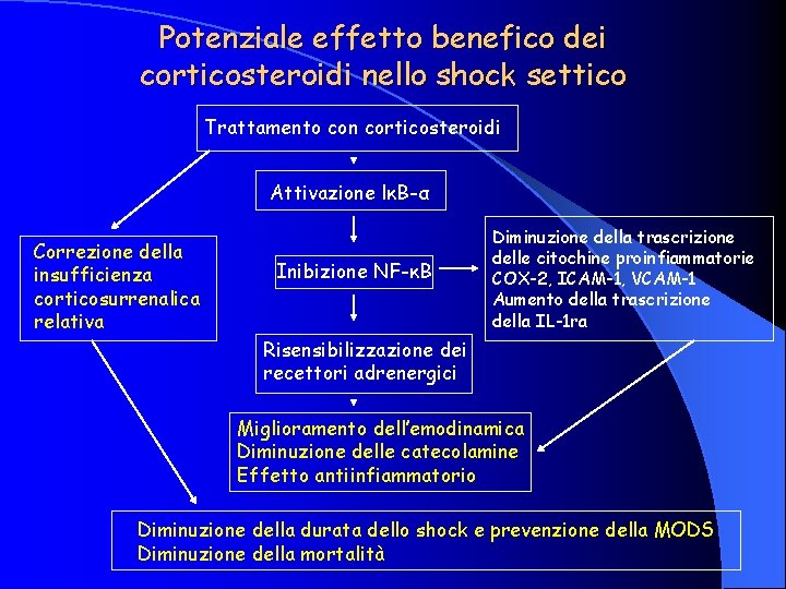 Potenziale effetto benefico dei corticosteroidi nello shock settico Trattamento con corticosteroidi Attivazione lκB-α Correzione