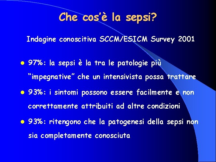 Che cos’è la sepsi? Indagine conoscitiva SCCM/ESICM Survey 2001 l 97%: la sepsi è