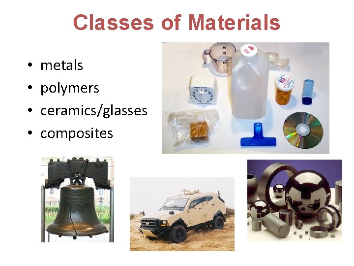 Classes of Materials • • metals polymers ceramics/glasses composites 