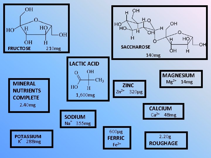 FRUCTOSE SACCHAROSE 210 mg 140 mg LACTIC ACID MAGNESIUM MINERAL NUTRIENTS COMPLETE ZINC 1,