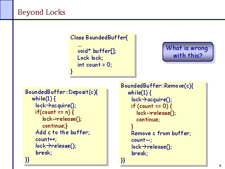 Beyond Locks Class Bounded. Buffer{ … void* buffer[]; Lock lock; int count = 0;