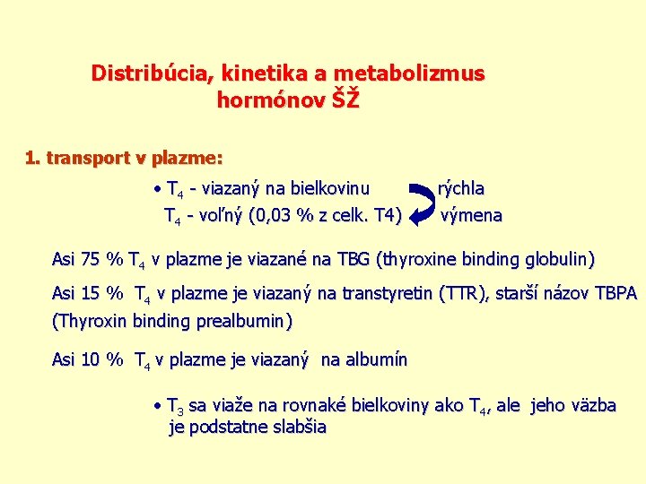 Distribúcia, kinetika a metabolizmus hormónov ŠŽ 1. transport v plazme: T 4 - viazaný