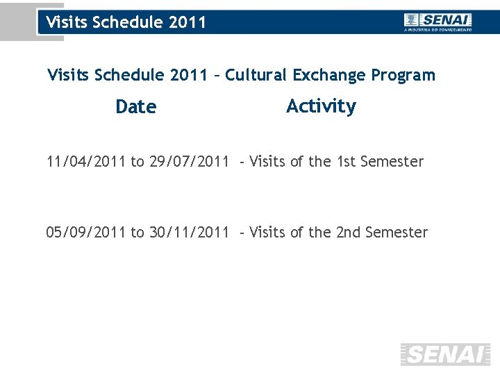 Visits Schedule 2011 – Cultural Exchange Program Date Activity 11/04/2011 to 29/07/2011 - Visits