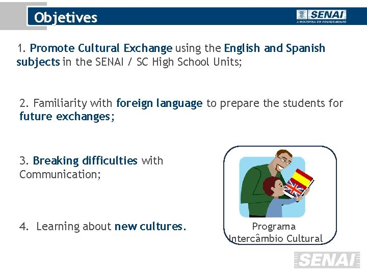 Objetives 1. Promote Cultural Exchange using the English and Spanish subjects in the SENAI