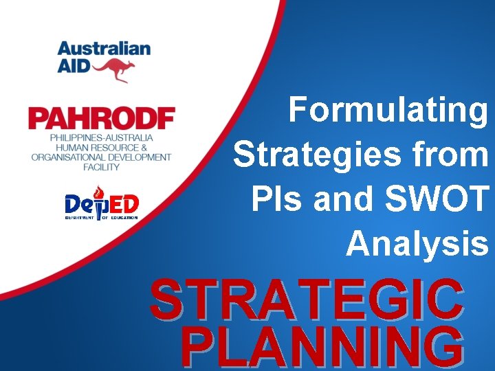 Formulating Strategies from PIs and SWOT Analysis STRATEGIC PLANNING Formulating Strategies from PIs and SWOT Analysis STRATEGIC PLANNING