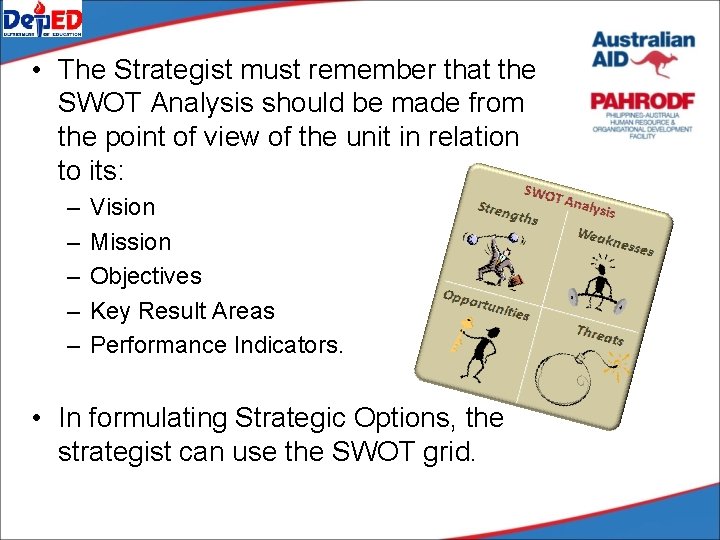• The Strategist must remember that the SWOT Analysis should be made from • The Strategist must remember that the SWOT Analysis should be made from