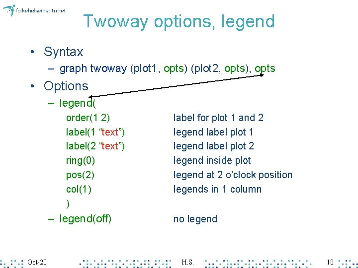 Twoway options, legend • Syntax – graph twoway (plot 1, opts) (plot 2, opts),