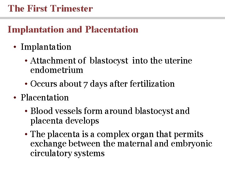 The First Trimester Implantation and Placentation • Implantation • Attachment of blastocyst into the The First Trimester Implantation and Placentation • Implantation • Attachment of blastocyst into the