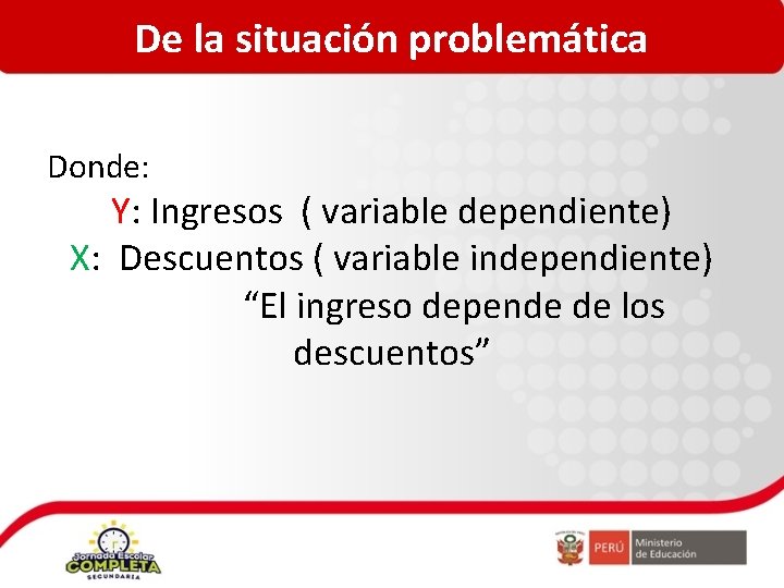 De la situación problemática Donde: Y: Ingresos ( variable dependiente) X: Descuentos ( variable