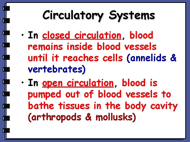 Circulatory Systems • In closed circulation, blood remains inside blood vessels until it reaches