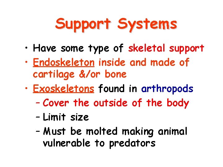 Support Systems • Have some type of skeletal support • Endoskeleton inside and made