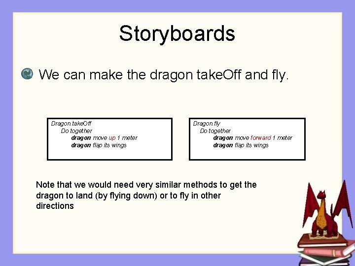 Storyboards We can make the dragon take. Off and fly. Dragon. take. Off Do