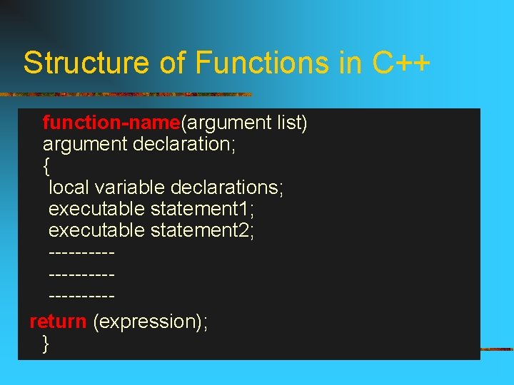 Structure of Functions in C++ function-name(argument list) argument declaration; { local variable declarations; executable