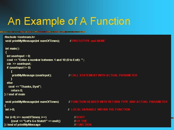 An Example of A Function #include <iostream. h> void print. My. Message(int num. Of.