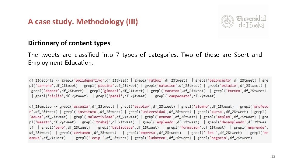 A case study. Methodology (III) Dictionary of content types The tweets are classified into
