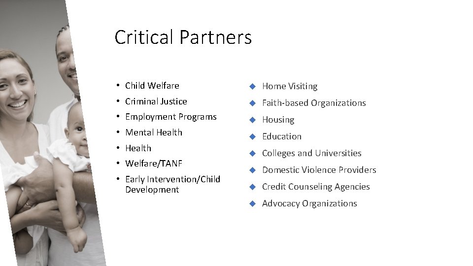 Critical Partners • Child Welfare Home Visiting • Criminal Justice Faith-based Organizations • Employment