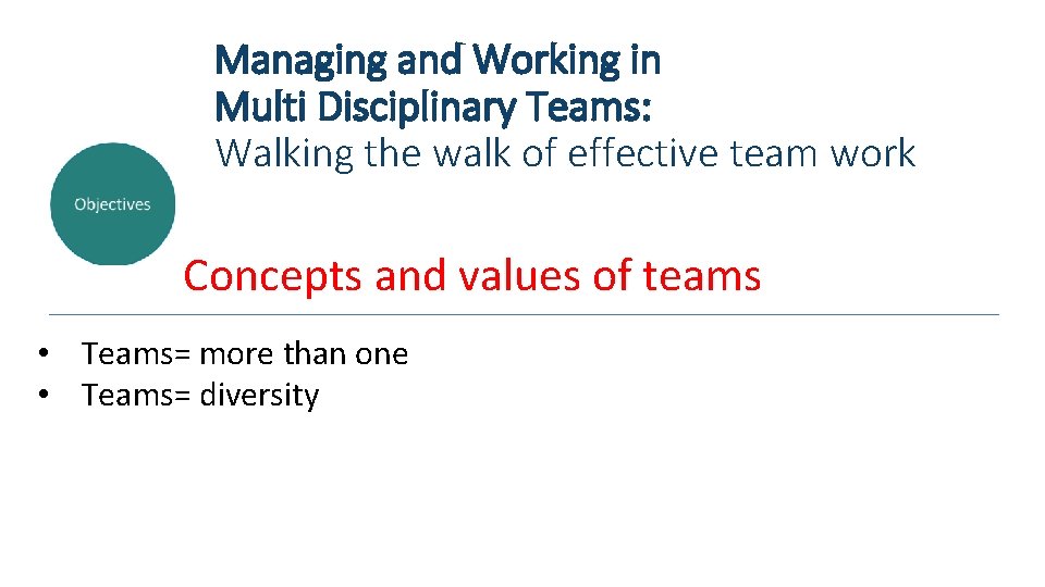 Managing and Working in Multi Disciplinary Teams: Walking the walk of effective team work