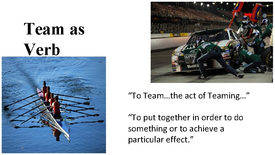 Team as Verb “To Team…the act of Teaming…” … 30 “To put together in