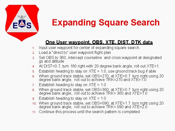 Expanding Square Search One User waypoint, OBS, XTE, DIST, DTK data 1. 2. 3.