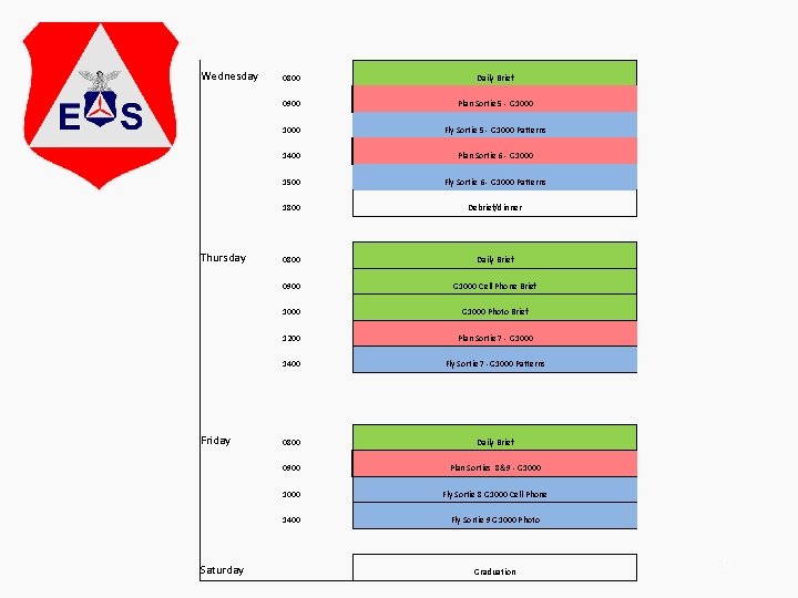 Wednesday Thursday Friday Saturday 0800 Daily Brief 0900 Plan Sortie 5 - G 1000