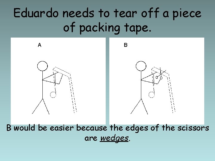 Eduardo needs to tear off a piece of packing tape. A B B would