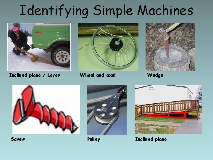 Identifying Simple Machines Inclined plane / Lever Screw Wheel and axel Pulley Wedge Inclined