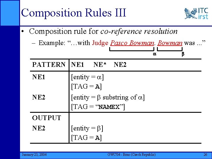 Composition Rules III • Composition rule for co-reference resolution – Example: “…with Judge Pasco