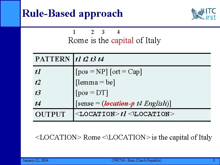 Rule-Based approach 1 2 3 4 Rome is the capital of Italy PATTERN t