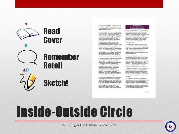 A B AB Read Cover Remember Retell Sketch! Inside-Outside Circle © 2018 Region One A B AB Read Cover Remember Retell Sketch! Inside-Outside Circle © 2018 Region One
