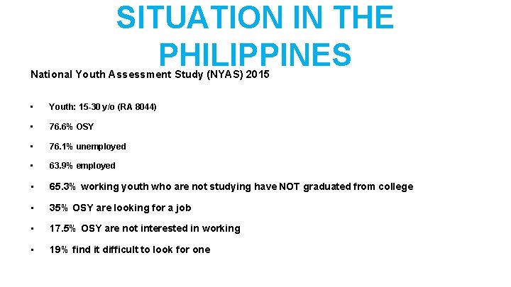 SITUATION IN THE PHILIPPINES National Youth Assessment Study (NYAS) 2015 • Youth: 15 -30