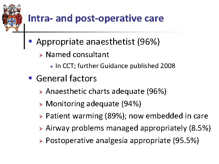 Intra- and post-operative care § Appropriate anaesthetist (96%) Ø Named consultant v In CCT;