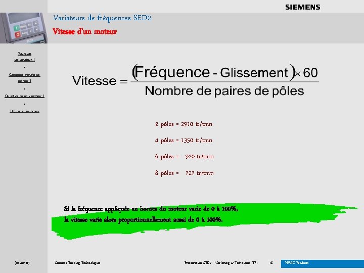 . . . . Variateurs de fréquences SED 2 Vitesse d’un moteur Pourquoi un
