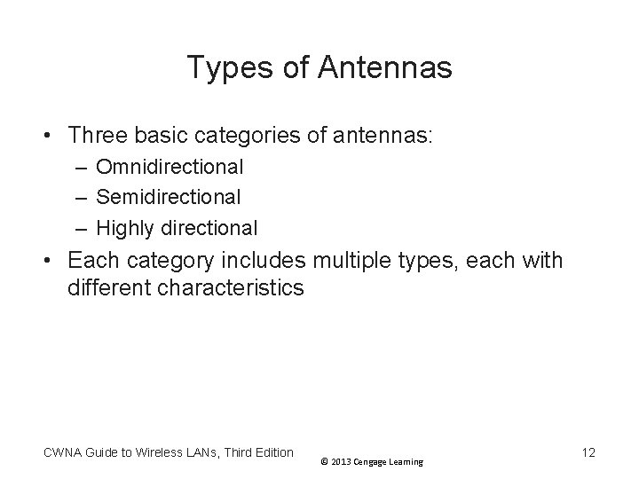 Types of Antennas • Three basic categories of antennas: – Omnidirectional – Semidirectional – Types of Antennas • Three basic categories of antennas: – Omnidirectional – Semidirectional –