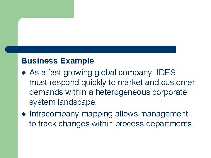 Business Example l As a fast growing global company, IDES must respond quickly to