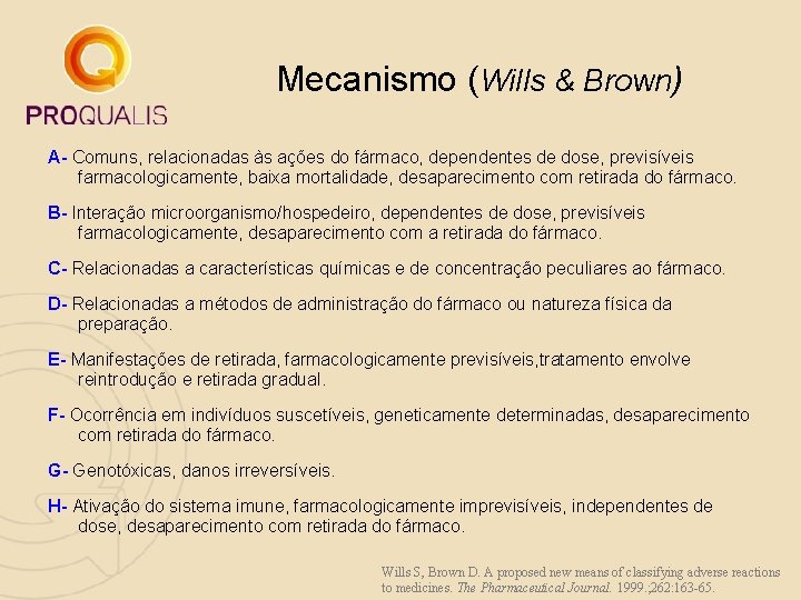 Mecanismo (Wills & Brown) A- Comuns, relacionadas às ações do fármaco, dependentes de dose, Mecanismo (Wills & Brown) A- Comuns, relacionadas às ações do fármaco, dependentes de dose,