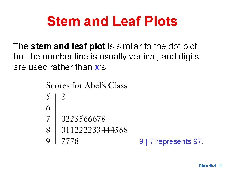 Stem and Leaf Plots The stem and leaf plot is similar to the dot