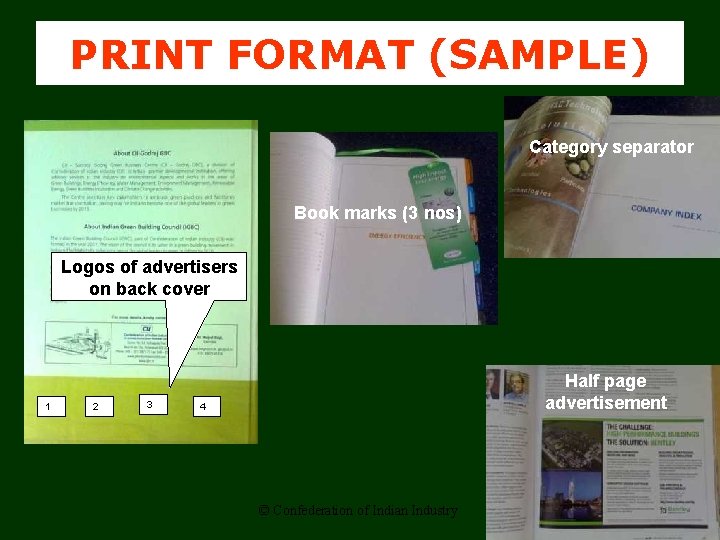 PRINT FORMAT (SAMPLE) Category separator Book marks (3 nos) Logos of advertisers on back