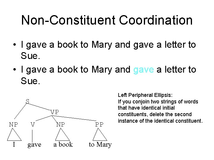 Non-Constituent Coordination • I gave a book to Mary and gave a letter to