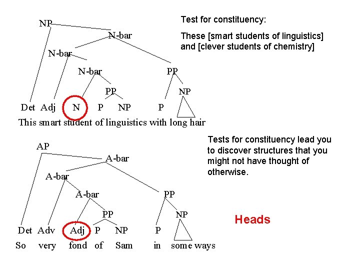 Test for constituency: NP N-bar These [smart students of linguistics] and [clever students of