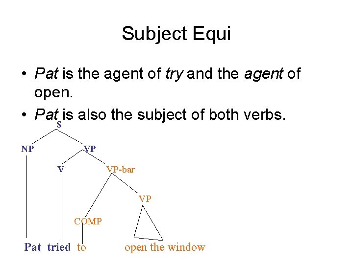 Subject Equi • Pat is the agent of try and the agent of open.