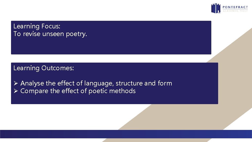 Learning Focus: To revise unseen poetry. Learning Outcomes: Ø Analyse the effect of language,