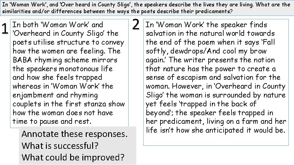 In ‘Woman Work’, and ‘Over heard in County Sligo’, the speakers describe the lives