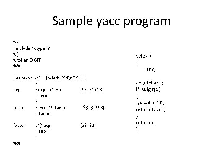 Sample yacc program %{ #include< ctype. h> %} %token DIGIT %% line : expr