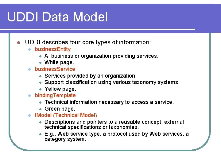 UDDI Data Model l UDDI describes four core types of information: l l business. UDDI Data Model l UDDI describes four core types of information: l l business.