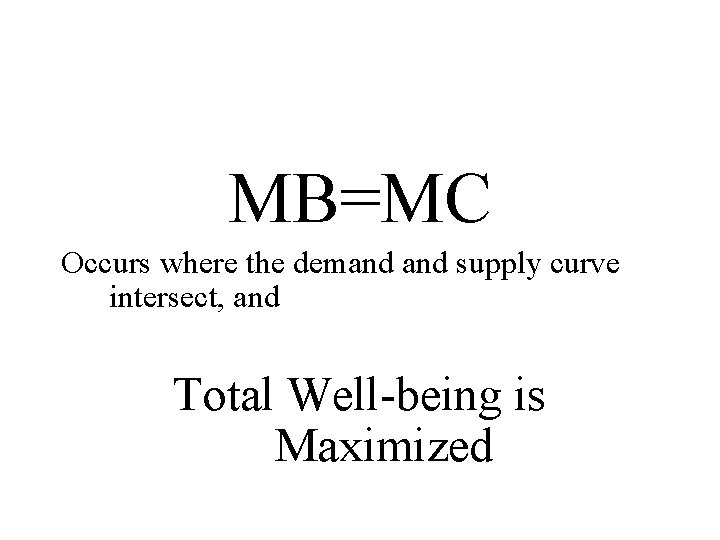 MB=MC Occurs where the demand supply curve intersect, and Total Well-being is Maximized 