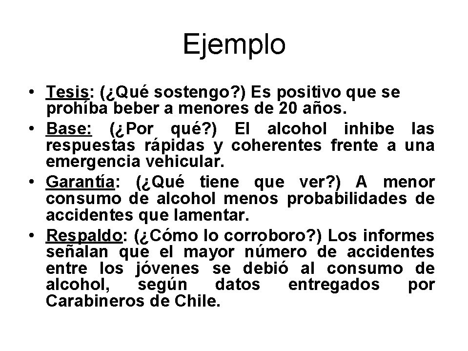 Ejemplo • Tesis: (¿Qué sostengo? ) Es positivo que se prohíba beber a menores