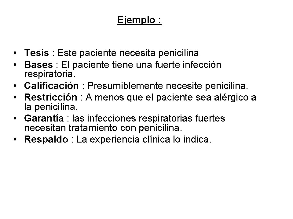 Ejemplo : • Tesis : Este paciente necesita penicilina • Bases : El paciente